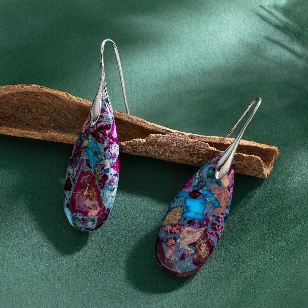 Stone Fishhook Dangle Drop Earrings Statement Ear… - image 3